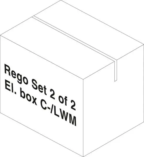 Weißer Karton mit schwarzer Schrift, beschriftet mit "Rego Set 2 of 2 El. box C-/LWM". Produkt von Bosch.